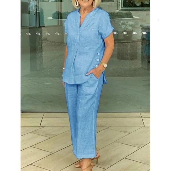 Fashion Cotton Linen Short Sleeved Women Shirt Pants Suit Spring Summer Simple Casual Pocket Pants Female Office 2 Piece Set 260409