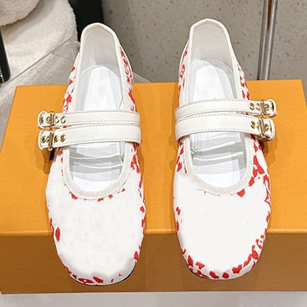 Bella MaryJane Ballerina designer Womens ballet shoes with floral design on the upper double adjustable gold buckle rubber outsole versatile women's shoes