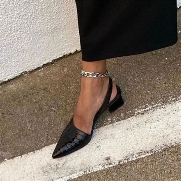 Womens Pointed Toes Pumps Mid Chunky Heels Slingback Sandals Shoes Summer Vintage Woman Lady Female Slippers 260409BJ