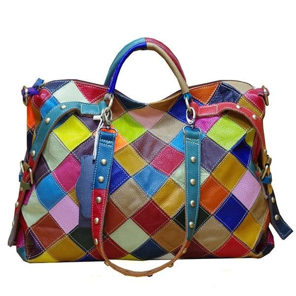 Leather cowhide color random plaid national style handbag shoulder crossbody bag Tote 260410