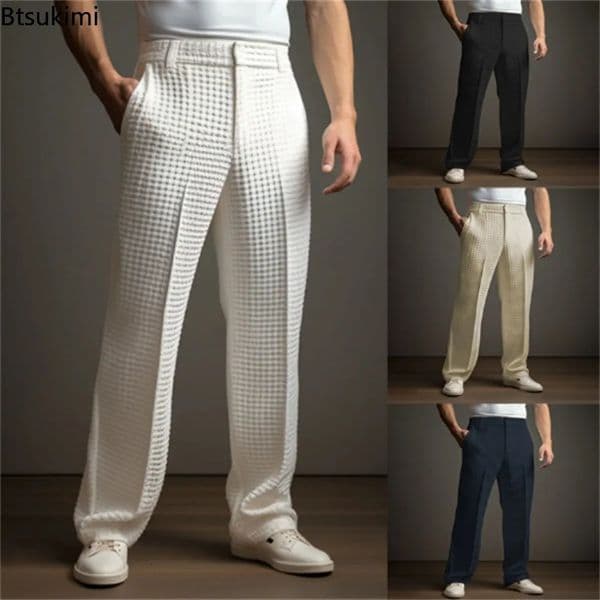 2026 Mens Elegant Waffle Suit Pants Solid Loose Straight Trousers Business Social Dress Pants Casual Vacation Pants for Men 260409BJ