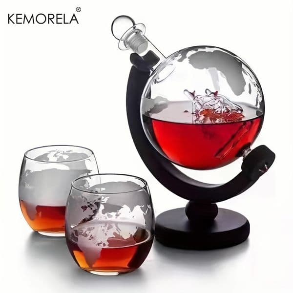 900ML Creative Globe Decanter Set with Lead-free Carafe Exquisite Wood-stand and 2 Glasses Whiskey Decanter Globe Grade Gift 260422