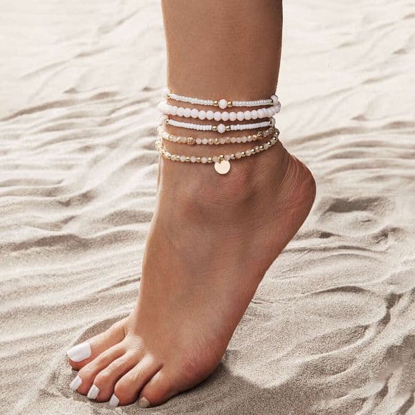 Fashionable simple style round metal bead crystal woven elastic women's anklet 5-piece set suitable for beach vacations