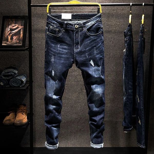 American Elastic Straight Jeans Men Ripped Worn-out Slim-fit Cotton Denim Pants Korean Style Fashion Blue Black Mens Clothing 260407