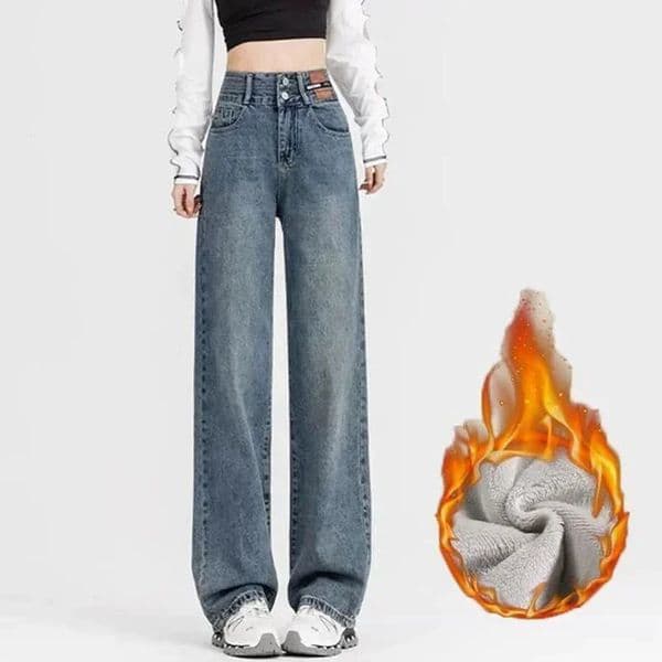Woman Korean Double Buckle Jeans Female Winter Snow Warm Thermal Plush Pants Girls High Waist Denim Trousers 260410
