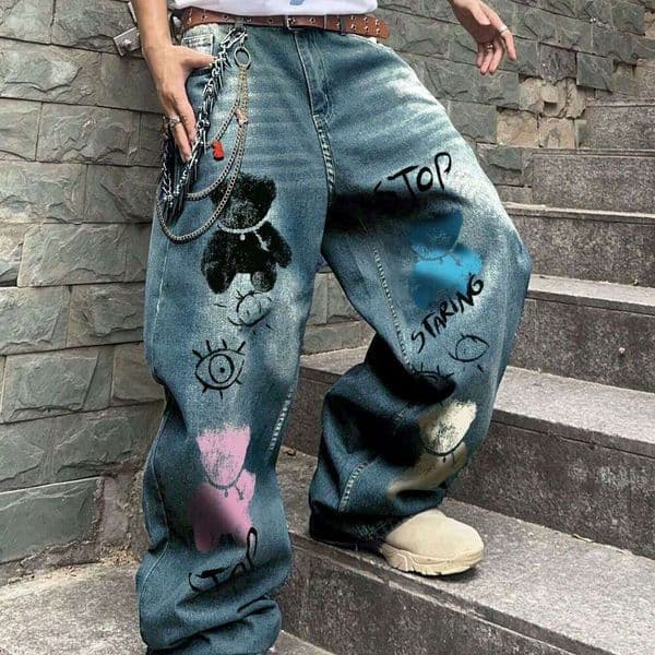 Plus-Size Printed Jeans For Men, 2026 New American-Style Youth Trendy Loose Wide-Leg Pants