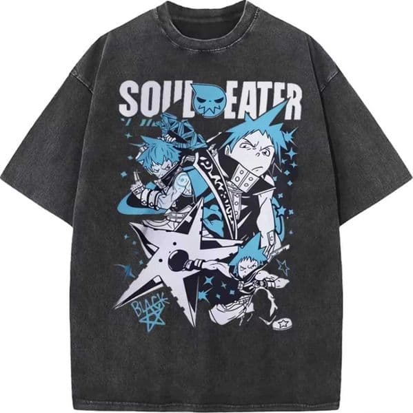 Japan Anime Soul Eater Black Star Printing T Shirt Men Washed T-shirts Casual Loose Tee Harajuku Male Manga Retro TshirtT260410