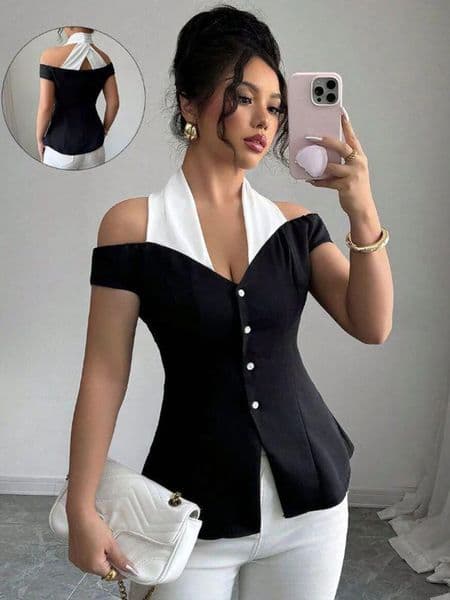 Womens Black White Contrast Off-Shoulder Top Halter Neckline Button Front Ideal for Evening Events Fashion-forward Outings 260410BJ