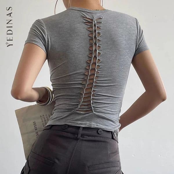Yedinas Back Hollow Out Solid Womens T-shirt Korean Fashion Short Sleeve Slim Streetwear Summer Tops Soft Tees Female Clothing 260410