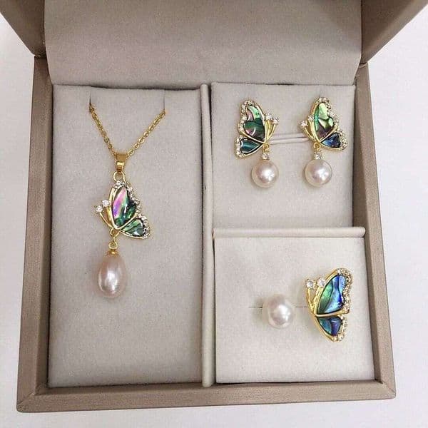 5A Grade Freshwater Pendant Earrings Ring Natural Abalone Shell Butterfly Shaped Pearl Set