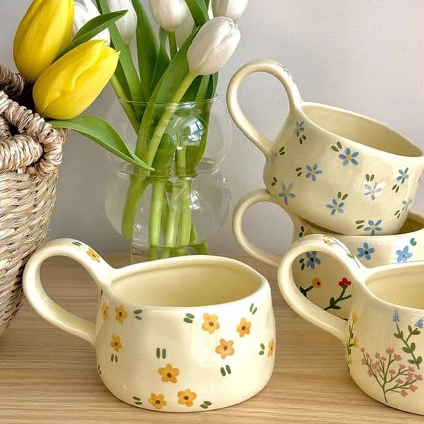 Cream yellow Ceramic Mug Korean Style Cute Flower Pattern Coffee Cup Hand Pinched Irregular Breakfast Milk Tea Cups Watercup 260410