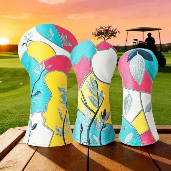 1 PC Colorful Geometric Leaf Premium PU Leather Golf Covers Set for Driver Fairway Wood UT - Fits Most Brands 26Y0407