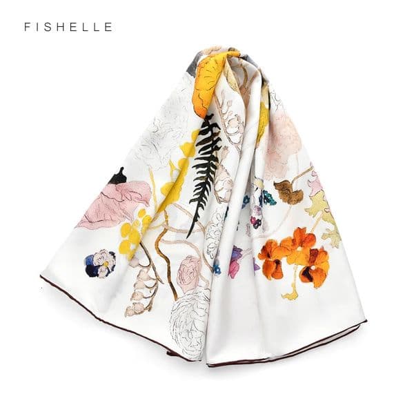 White silk twill scarf printed flowers head scarfs women soft natural silk square bandana shawl y gift for lady 260409BJ