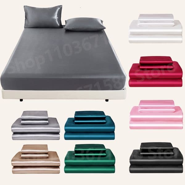 3pc Solid Color Fitted Sheet Set 1 bed sheet with 2 pillow cover Satin Fabric Soft Comfortable Breathble Bedding for Bedroom 260403