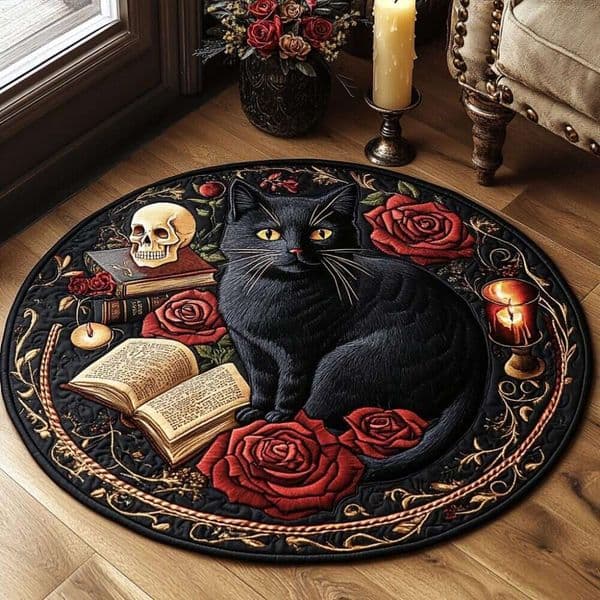 2026 New Black Cat Pattern Round Floor Mat Quilted Digital Print Home Decor Area Rug For Wholesale