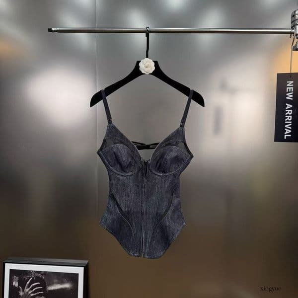 2026 Spring/Summer Fashionable Retro Chic Dark Blue Mesh Slimming Waist Denim Spliced Camisole