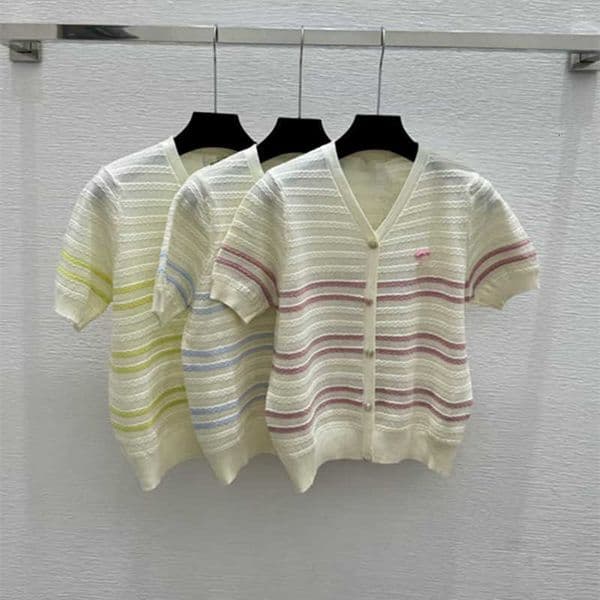 Women's Knits & Tees Designer High-end tweed style spring summer new striped V-neck youthful fashion knitted cardigan short-sleeve for women HZMQ