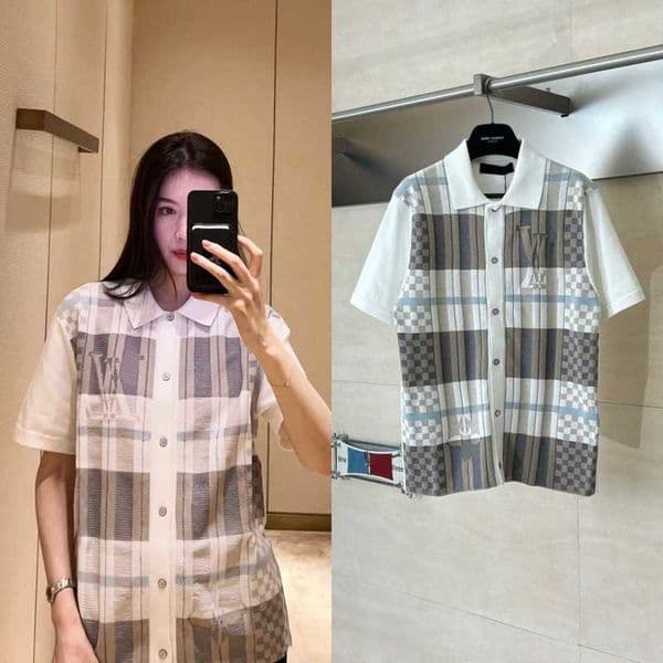 Women's T-Shirt Designer Top-quality trendy brand new style plaid jacquard knit short-sleeve shirt same worn by male and female celebrities U864