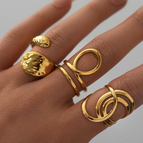 Stainless Steel Geometric Hollow Layered Wide Ring Metal Texture Waterproof Daily Simple Stylish Golden Jewelry for Women 260407