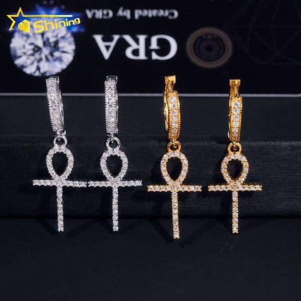 Men Hip Hop Cross Style Drop Fine Jewelry Gold Plated 925 Sterling Silver Iced Out VVS Moissanite Earrings