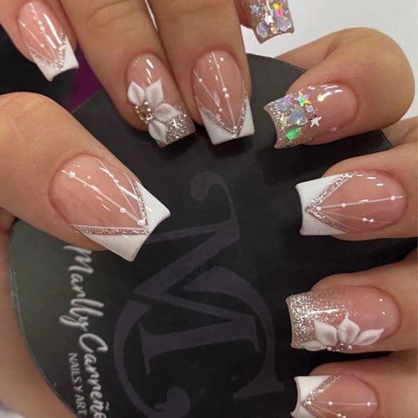 24PCS Square press nail white French pointed fake nail with flash design fully covered acrylic fake nail X260411