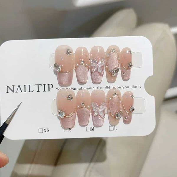 10Pcs Pink Ballerina Handmade Press on Nails with Shiny Butterfly Rhinestone French Silver Cat Eye Full Cover Nail Manicure Tips X260411 X260411