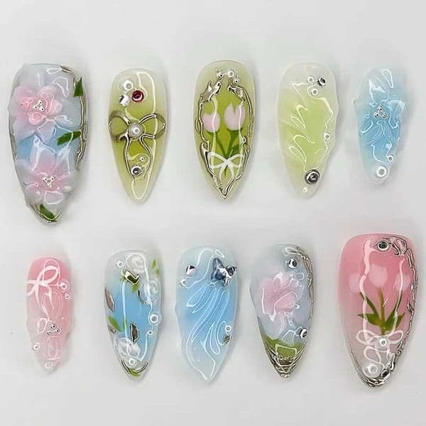 24Pcs Spring Color Vibrant Almond Fresh False Nails Wearing French Mid-length Manicure Flowers Rhinestone Stick on Nails Art Set X260411