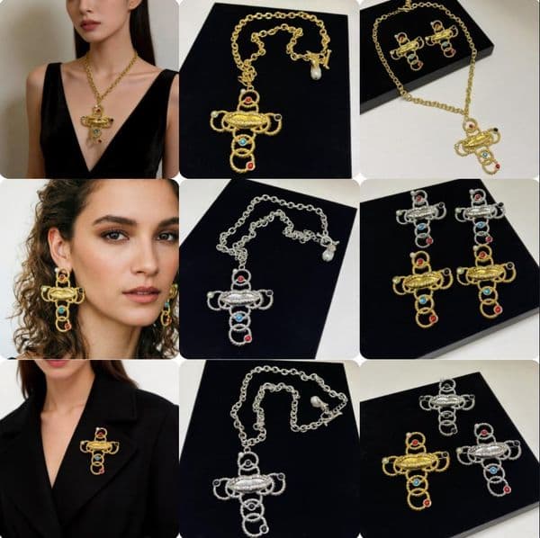 Lips Colorful Fried Dough Twists Circle Cross Pendant Necklace Fashion Sweater Chain Inlaid Colorful Gems Mouth Earrings Brooches Pin European American Jewelry