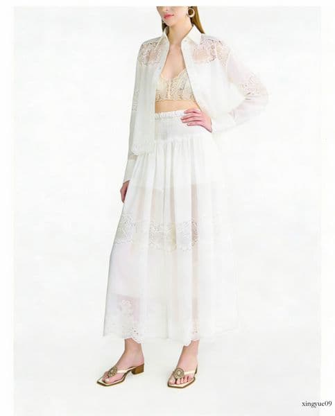French romantic vacation style! Heavy-duty water-soluble lace embroidery silk linen shirt + skirt set for women