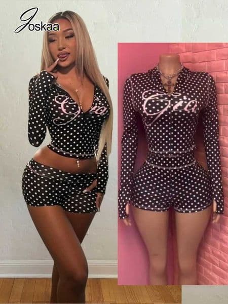 Joskaa Dot Print Tracksuit Set Women Long Slve Crop Top Bodycon Shorts 2 Piece Outfit Y2K Aesthetic Strtwear Party Clubwear T260410