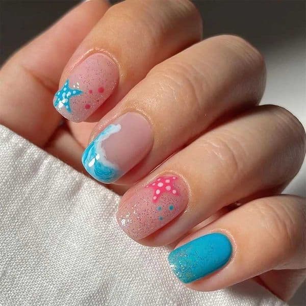 24Pcs Glossy Short Square False Nail Tips French Blue Ocean Pattern Wearing Square Manicure Summer Fashion Finished Nails Tools X260411 X260411