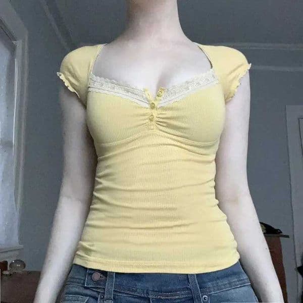 Dptown Elegant Swt T-shirts Women Coquette Butter Yellow Kawaii Short Slve Ts Korean Fashion Lace Patchwork T-Shirts T260410