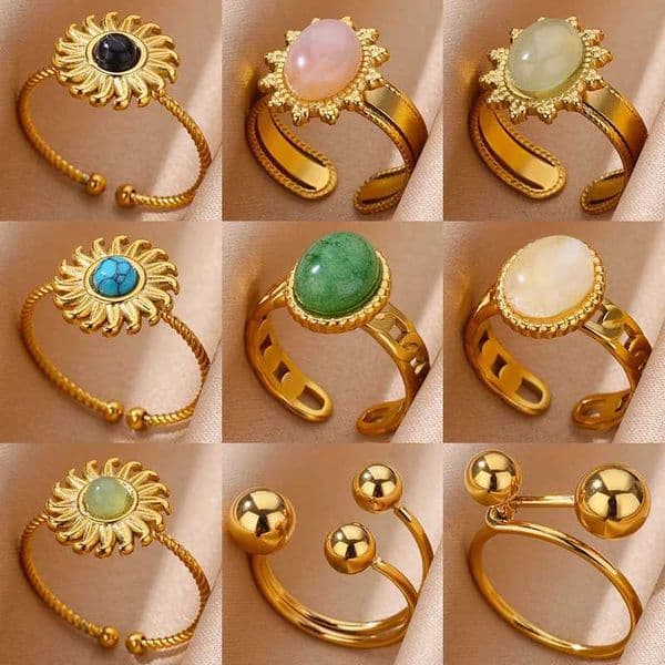 Vintage Green Oval Opal Rings for Women Stainless Steel Gold Color Open Adjustable Wedding Ring Aesthetic Waterproof Jewelry BFF J260411