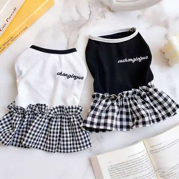 Summer Dresses Black White Plaid Clothes Small Dogs Cat Skirts Puppy Vest Chihuahua Bichon Costume Girls Dog Clothing 26W0411