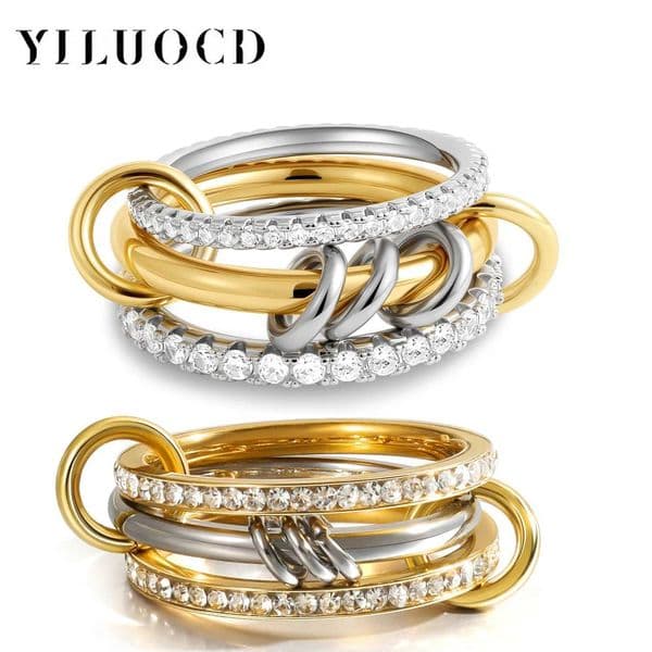 New Stainless Steel Cubic Zirconia Stackable Rings for Women 18k GoldPlating Multi-Link Connected Statement Ring Stack Jewelry J260411
