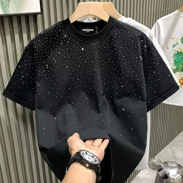 Summer Rhinestone Rivet T-shirt for Men Clothing Round Neck Casual T-shirt Fashion High Street Mens Summer Short Sleeves 260410
