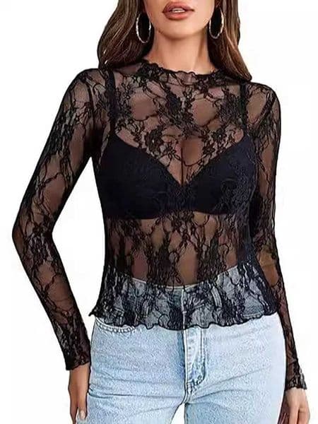 2024 New Lace Womens Top Long Slve Enterprise Collar Transparent Shirt Perspective Flower Lace Top T260410
