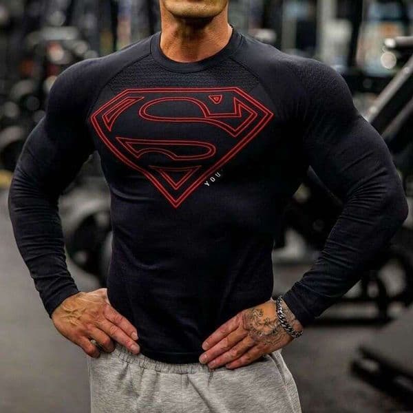 Younglas Batman Active Wear Young La Superman Mens T-shirt Gym Shirt Tight Fitting Joggers Sports Fitness Running Training Quick Dry Short Sleeve Muscle Fit