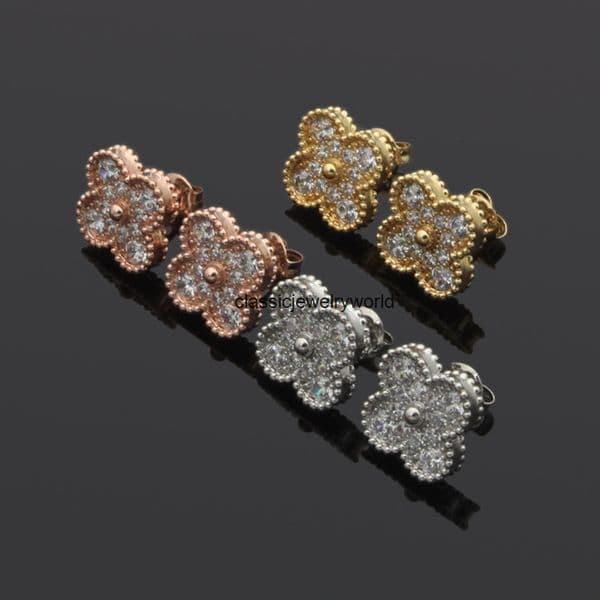 Vanly cleeff Jewelry High-end classic four-leaf clover mini stud earrings for women full of diamonds trendy light luxury high-end fashion earrings