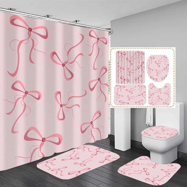Pink Bow Shower Curtain Set with 12 Cute Aesthetic Bathroom Accessories for Decor C260411