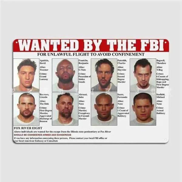 2026 new Prison Break FBI Wanted Poster Metal Tin Sign Fox River Eight Vintage Wall Art Decor for Man Cave Bar Room
