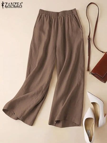 ZANZEA-Summer Women Pants Cotton Linen Elastic Waist Wide-Leg Trousers Casual Lightweight Solid Palazzo Pantalones Woman Bottoms 260410