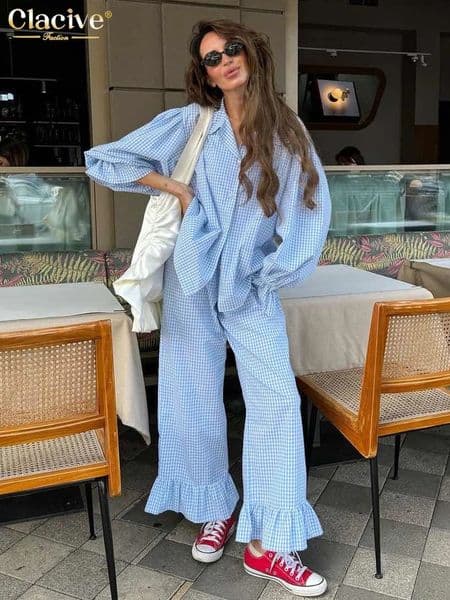 Clacive Fashion Loose Plaid Cotton Womens 3 Pieces Set 2025 Elegant Long Sleeve Shirt With High Wiast Wide Pants Set Female260407BJ