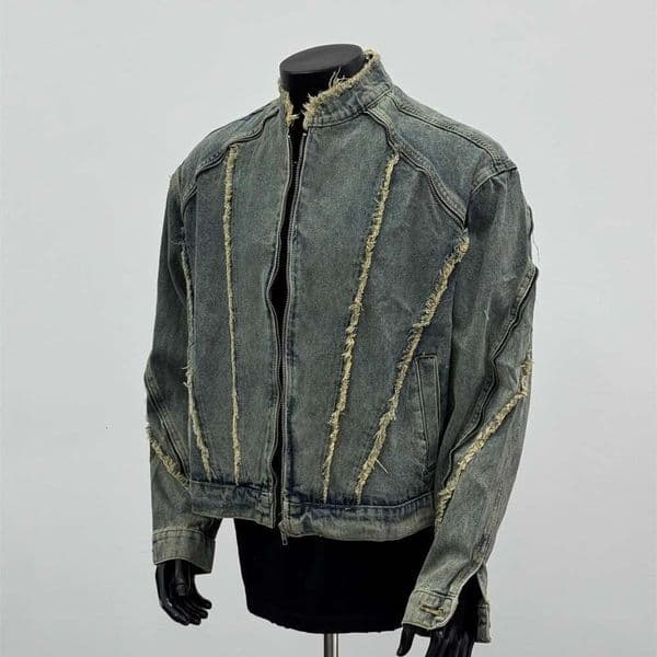 American Retro Deconstructed Frayed Washed Denim for Men, Spring and Autumn Short Motorcycle Style Stand Collar Stylish Jacket Trend
