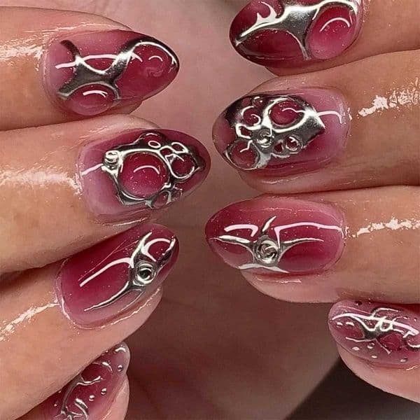 24Pcs Cyber Punk Style Almond False Nails Press on Pink Blush Full Cover Fake Nails 3D Ombre Wearable Acrylic Nail Manicure Tips X260411 X260411