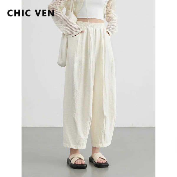 CHIC VEN Women White Pants Solid Casual Elastic Waist High Waisted Pleated Wide Leg Female Trousers Fold Summer 2025 Clothing W260410