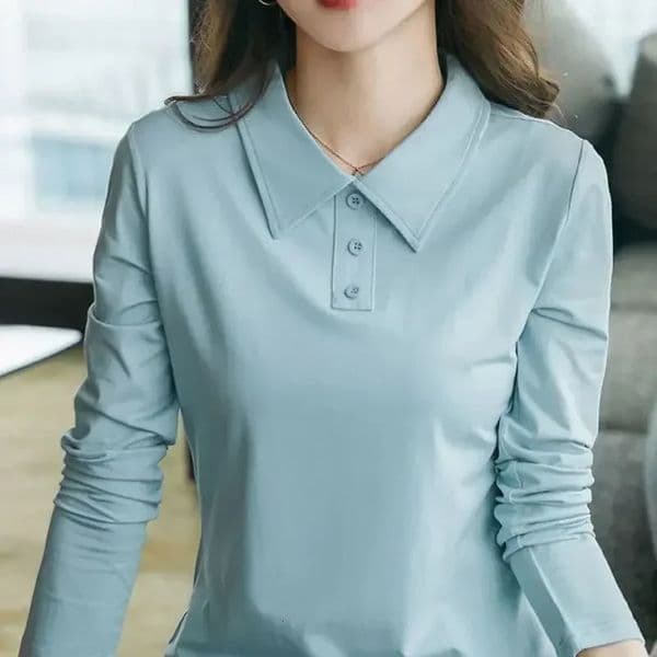 High Quality T-shirts 100 Cotton Female Tee Long Sleeve With Collar Korean Clothes Basic Pretty Original Womens Polo 260410BJ