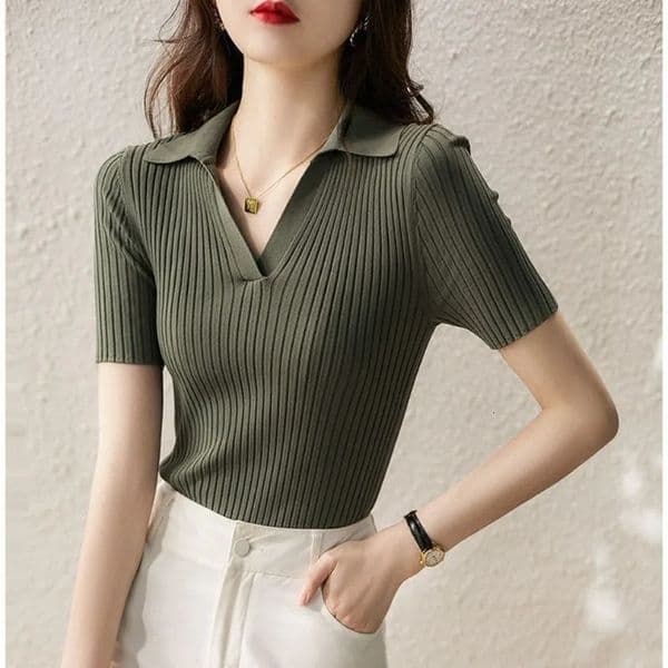 Womens Polo Shirts Slim Knitted Female Tee Plain T-shirts Korean Style Aesthetic Pulovers Casual Tops Short Sleeve 260410BJ
