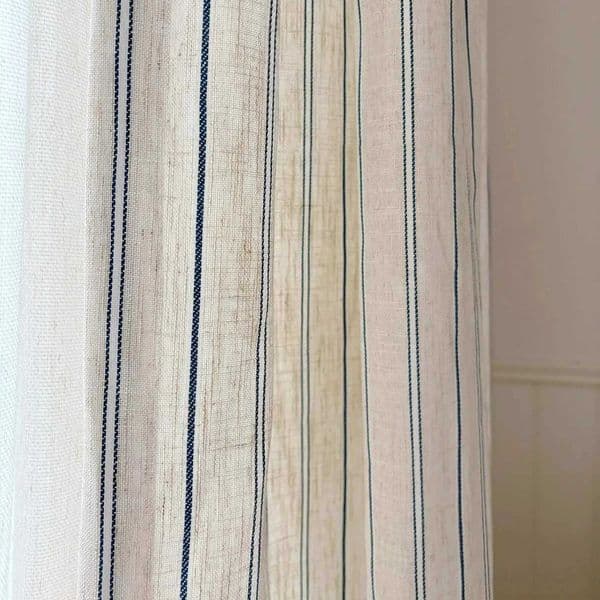 French Medieval Linen Grainy Cream Living Room Bedroom Floating Window Sunshade Blue And White Striped Gauze Curtain C260411
