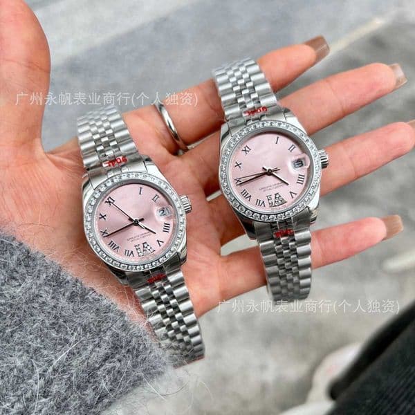 Luxury watches, high-quality watches Laojia Diary Roman Wristwatch Cherry Blossom Pink 69 Diamond Face Mechanical Stainless Steel 31mm Womens Diamond-Encrusted